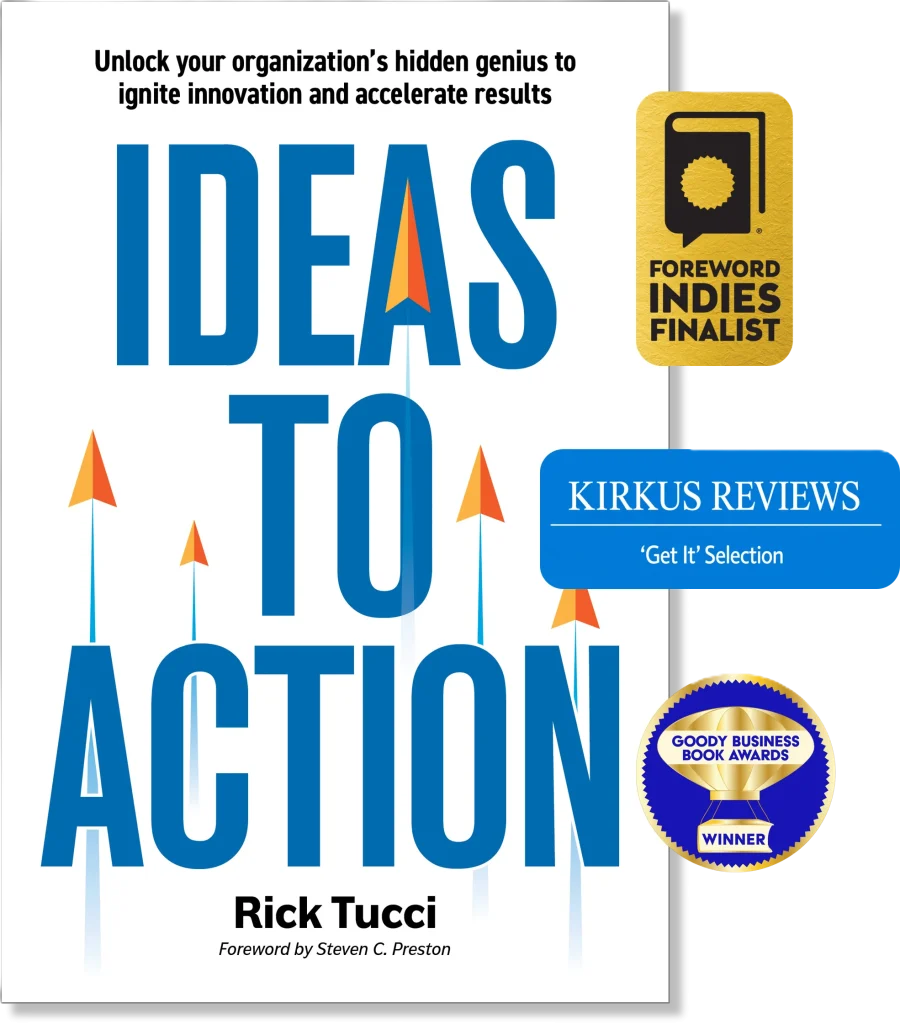 Ideas to Action free download book cover with award badges.