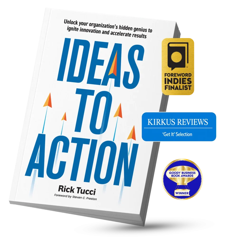 Ideas to Action praise and awards book cover with award badges.