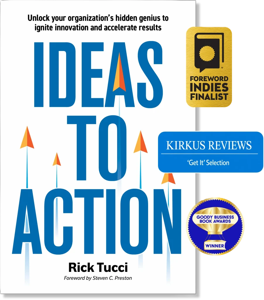 Ideas to Action preview book cover with award badges.