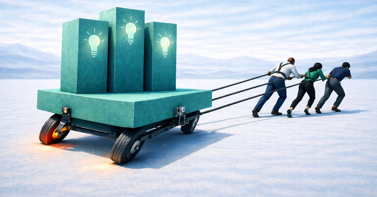 Illustration of a large teal cart loaded with idea blocks being pulled by a team, with a locked rear wheel showing why engagement alone won’t turn ideas into action.