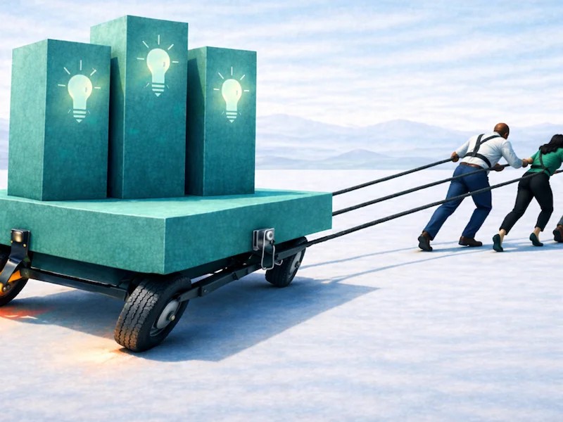 Illustration of a large teal cart loaded with idea blocks being pulled by a team, with a locked rear wheel showing why engagement alone won’t turn ideas into action.