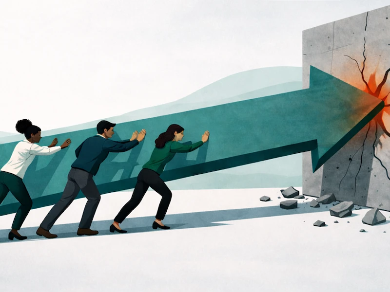 Illustration of a team blocked during execution, representing change initiatives failing at the front line