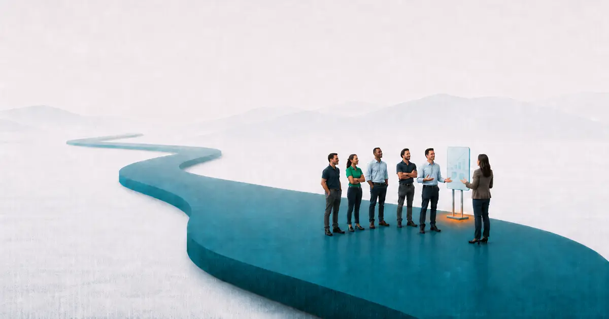 Editorial illustration of a frontline team presenting results to a senior leader at the end of a teal sprint path, showing that when frontline teams present results, honor more than the numbers is a key leadership principle for reinforcing confidence, capability, and ownership.