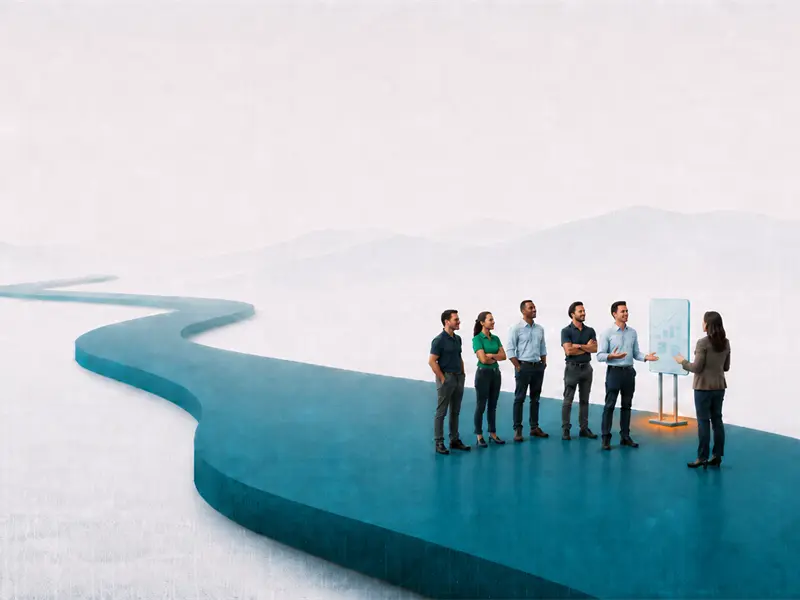 Blog Preview illustration of a frontline team presenting results to a senior leader at the end of a teal sprint path, showing that when frontline teams present results, honor more than the numbers is a key leadership principle for reinforcing confidence, capability, and ownership.